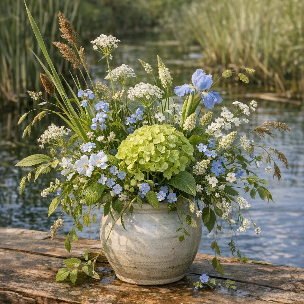 World Wetlands Day floral calendar still life with seasonal wildflowers, green hydrangea, textural foliage
