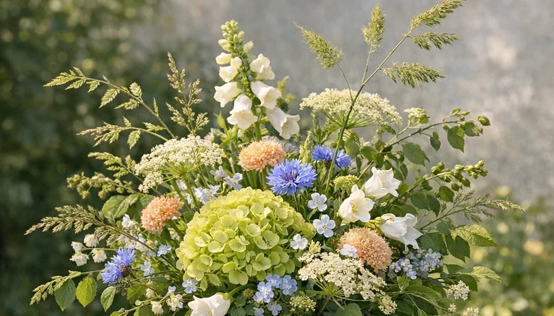 World Wildlife Day flower arrangement with seasonal wildflowers, green hydrangea, textural foliage designed as a respectful nature and sustainability floral guide
