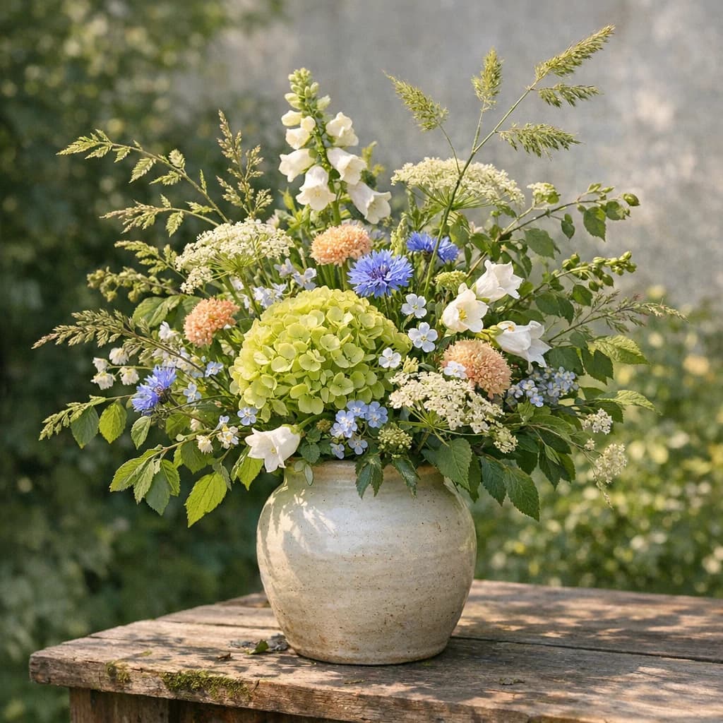 World Wildlife Day floral calendar still life with seasonal wildflowers, green hydrangea, textural foliage