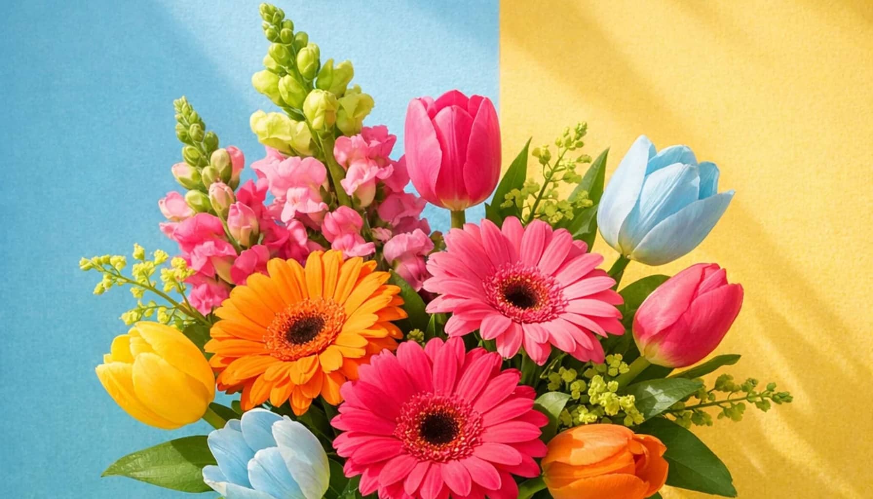 World Youth Skills Day flower arrangement with gerbera daisies, tulips, snapdragons designed as a respectful youth and possibility floral guide