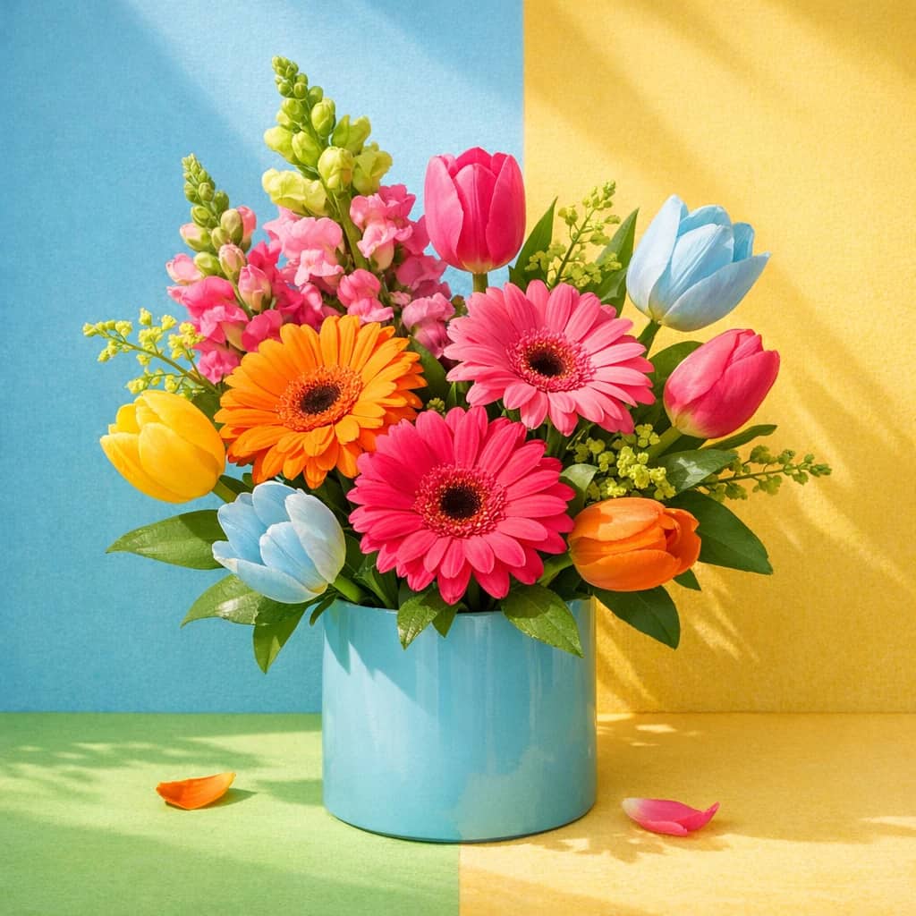 World Youth Skills Day floral calendar still life with gerbera daisies, tulips, snapdragons