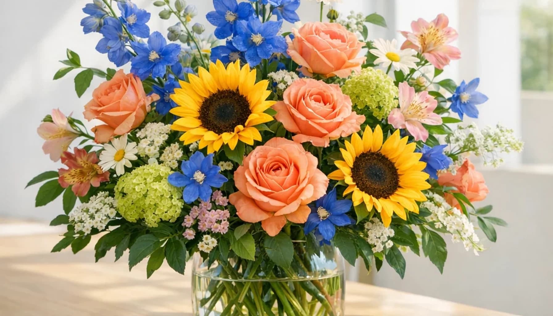 Zero Discrimination Day flower guide banner featuring sunflowers, coral roses, blue delphinium in sun, coral, blue, green tones