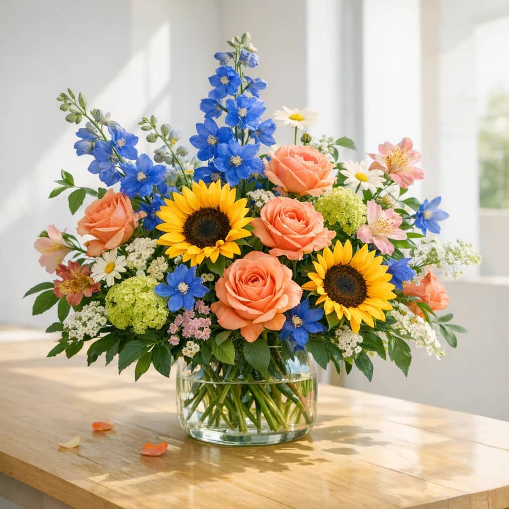 Zero Discrimination Day floral calendar still life with sunflowers, coral roses, blue delphinium