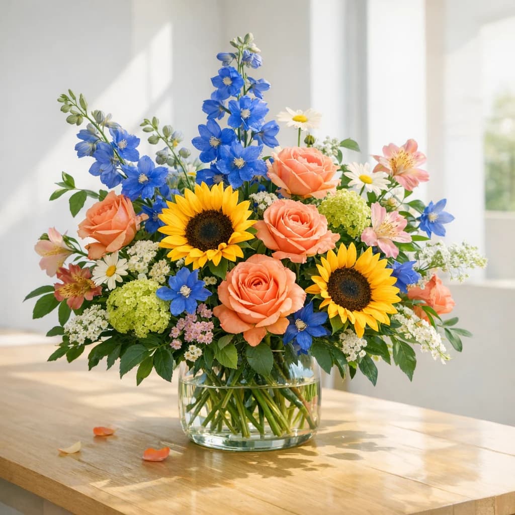 Zero Discrimination Day floral calendar still life with sunflowers, coral roses, blue delphinium