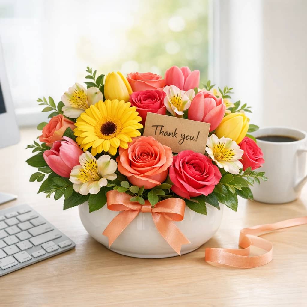Administrative Professionals' Day flowers preview with gerbera daisies, tulips, and sunflowers in sunny yellow, coral pop, and bright pink tones from Lina Flowers