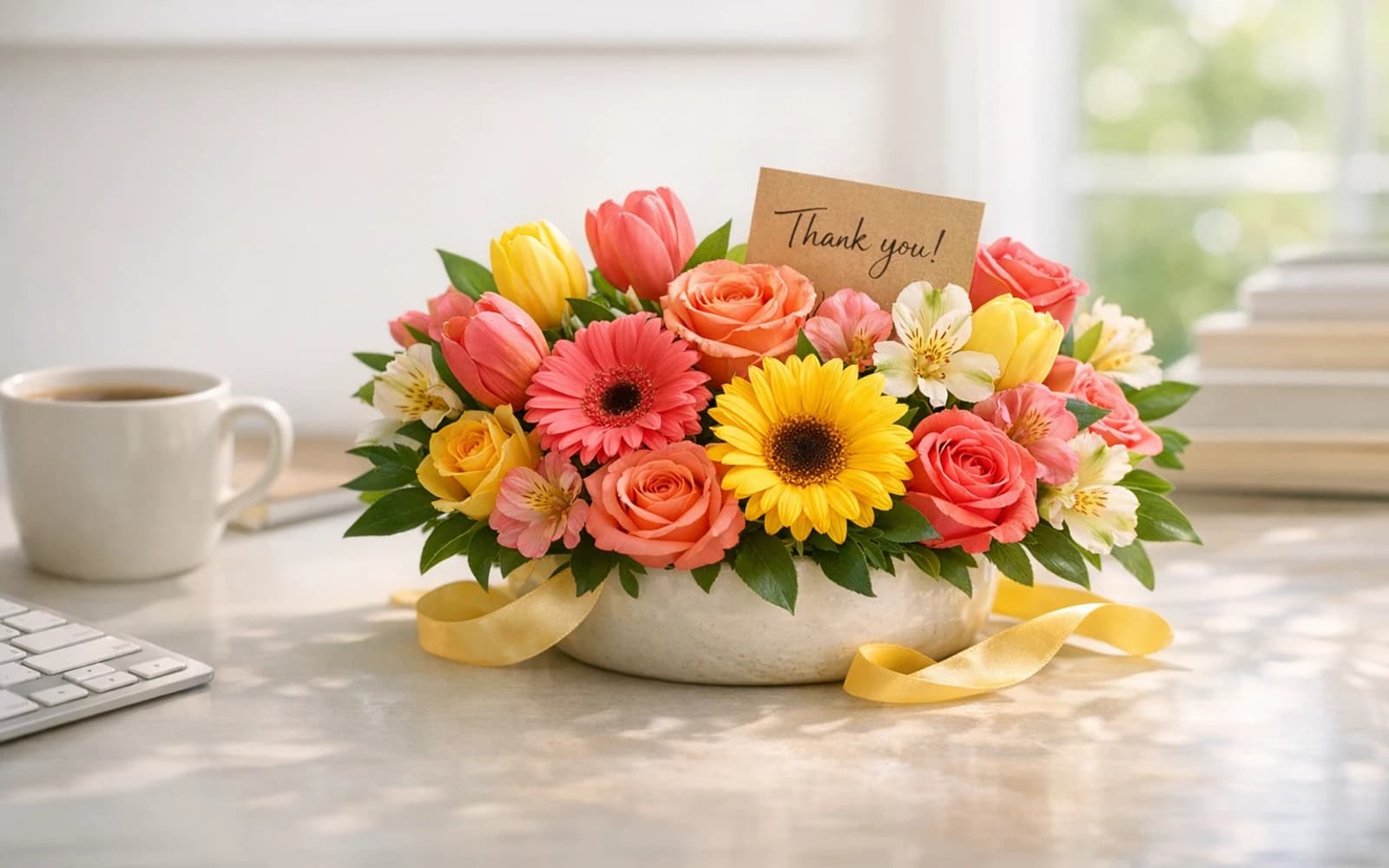 Administrative Professionals' Day flowers collection banner with gerbera daisies, tulips, and sunflowers and cheerful, warm, appreciative, bright styling from Lina Flowers