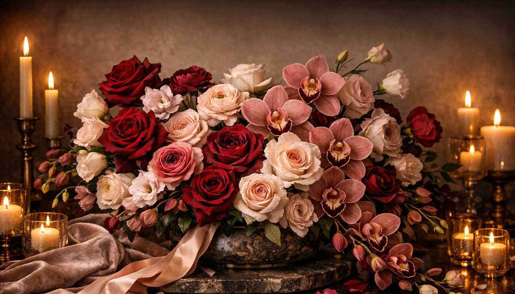 Anniversary Flowers collection banner with roses, orchids, and ranunculus and romantic, intimate, polished, and rich styling from Lina Flowers