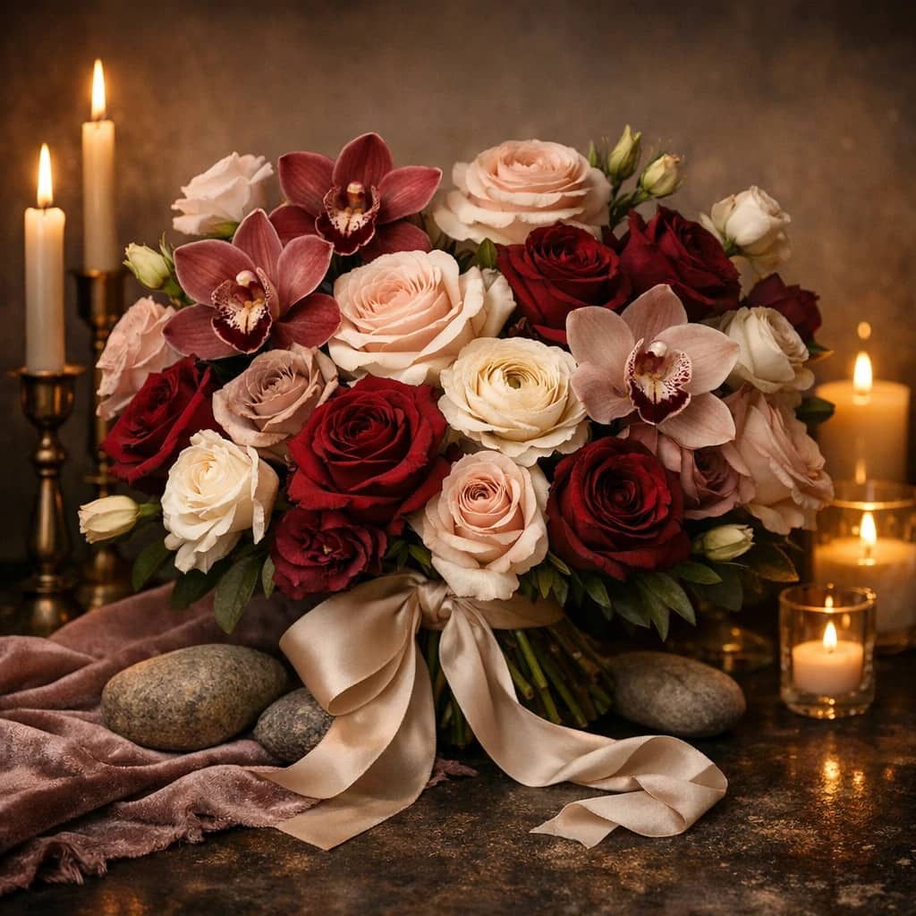 Anniversary Flowers preview with roses, orchids, and ranunculus in merlot, blush, and ivory tones from Lina Flowers