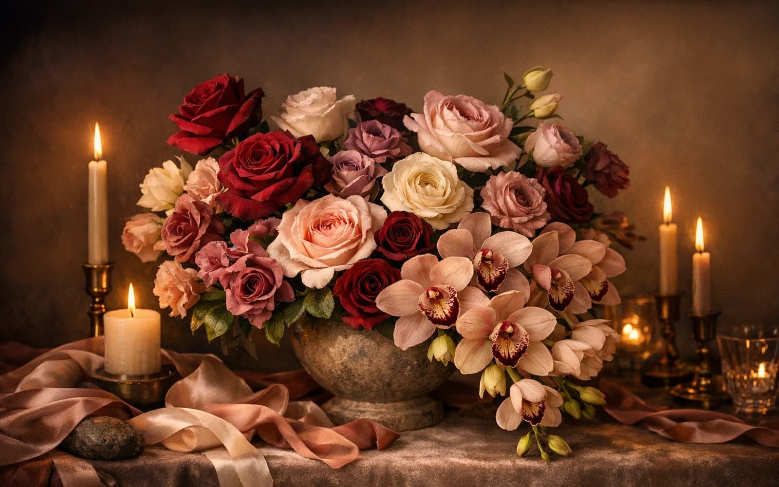 Anniversary Flowers with roses, orchids, and ranunculus, merlot, blush, and ivory color direction, and premium romantic, intimate, polished, and rich styling from Lina Flowers