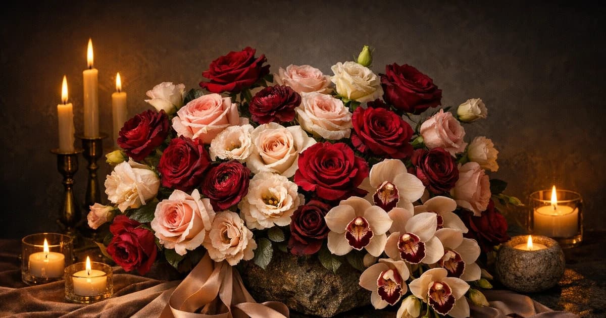 Anniversary Flowers social share image with roses, orchids, and ranunculus, merlot, blush, and ivory tones, and premium Lina Flowers styling