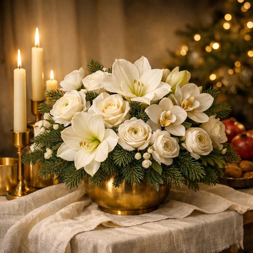 Armenian Christmas flowers preview with white roses, amaryllis, and cymbidium orchids in snow white, cathedral gold, and pine evergreen tones from Lina Flowers