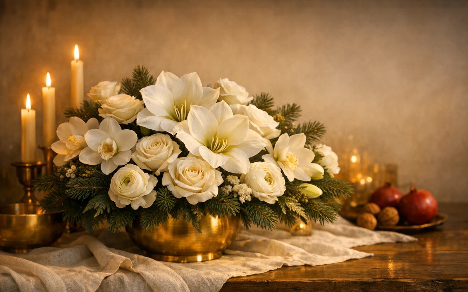 Armenian Christmas flowers collection banner with white roses, amaryllis, and cymbidium orchids and reverent, candlelit, warm, luminous styling from Lina Flowers