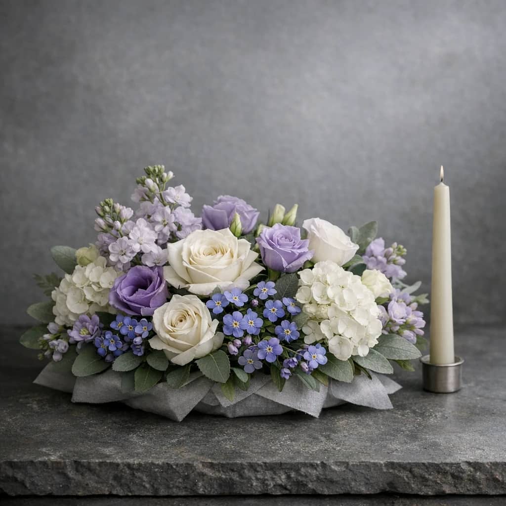 Armenian Genocide Remembrance Day flowers preview with forget-me-nots, purple lisianthus, and white roses in forget-me-not purple, soft lavender, and memorial white tones from Lina Flowers