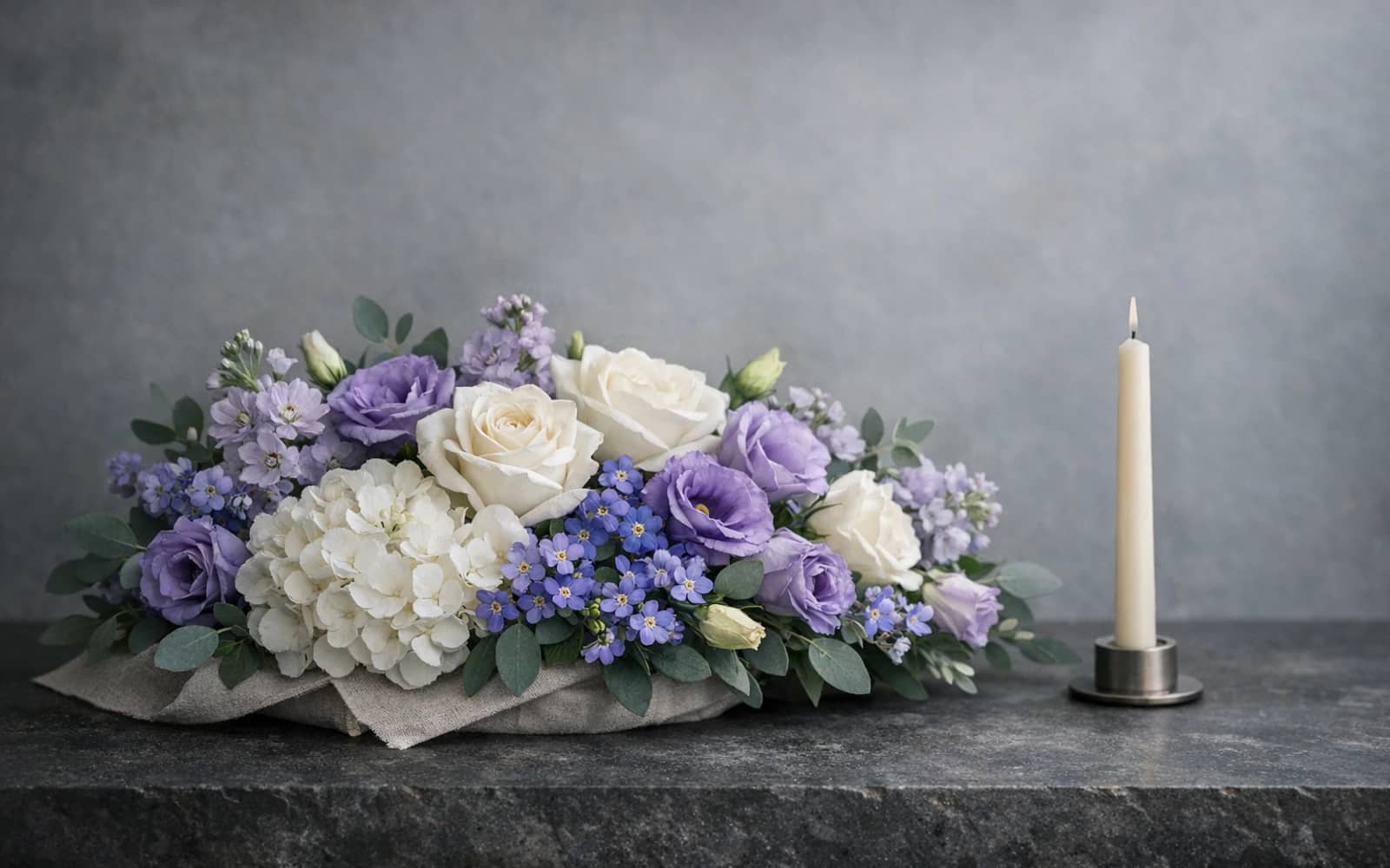Armenian Genocide Remembrance Day flowers with forget-me-nots, purple lisianthus, and white roses, forget-me-not purple, soft lavender, and memorial white color direction, and premium solemn, reverent, dignified, tender styling from Lina Flowers