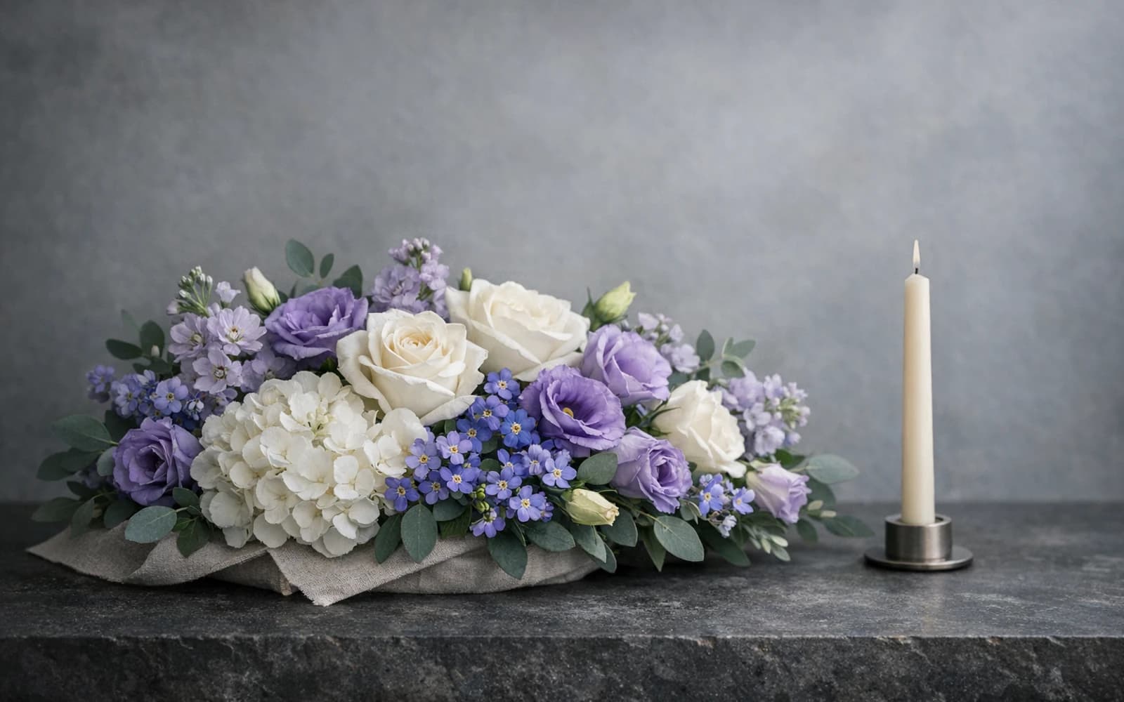 Armenian Genocide Remembrance Day flowers collection banner with forget-me-nots, purple lisianthus, and white roses and solemn, reverent, dignified, tender styling from Lina Flowers
