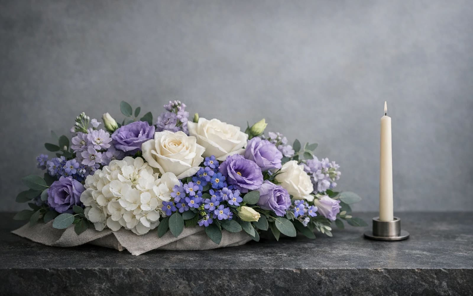 Armenian Genocide Remembrance Day flowers with forget-me-nots, purple lisianthus, and white roses, forget-me-not purple, soft lavender, and memorial white color direction, and premium solemn, reverent, dignified, tender styling from Lina Flowers