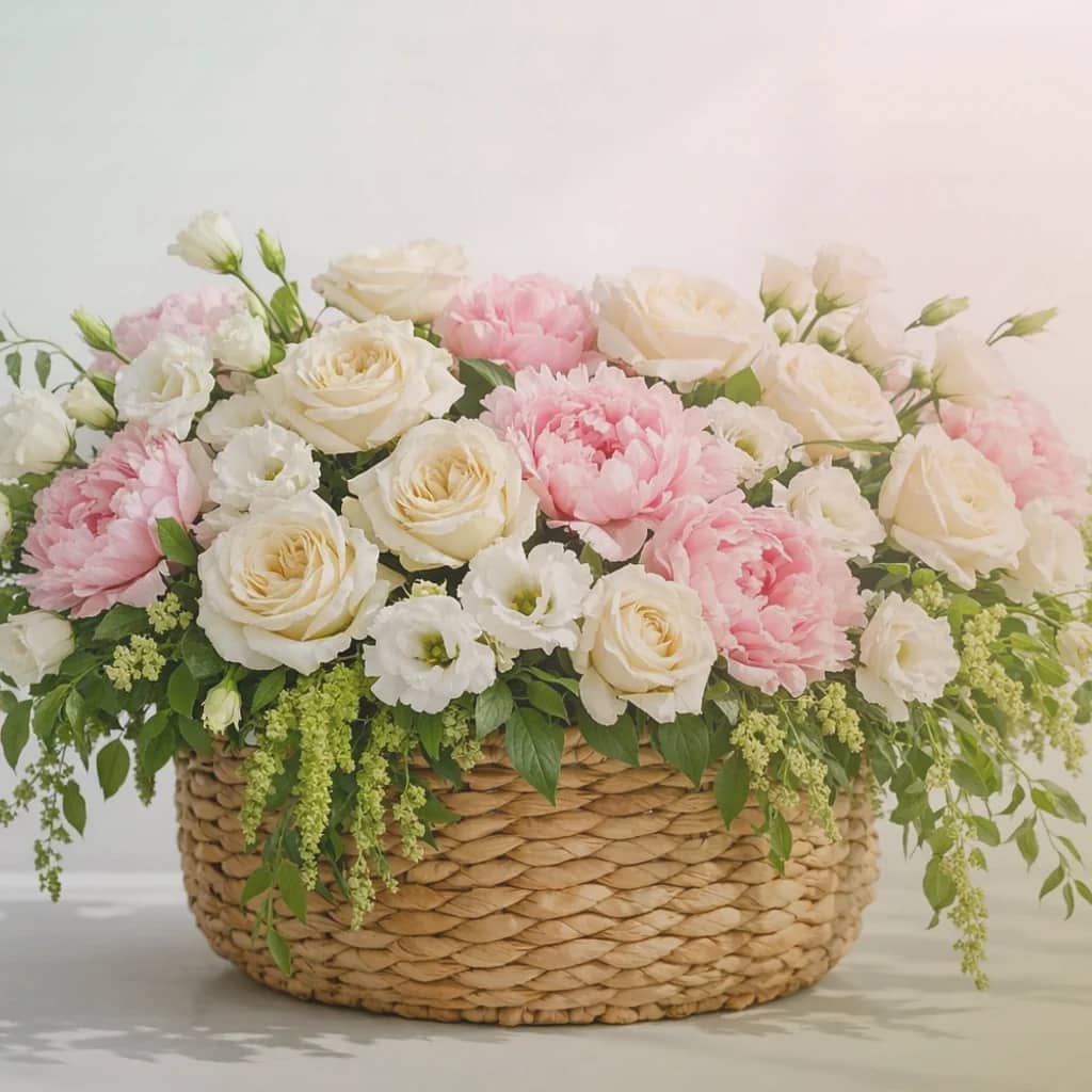 Asian American Pacific Islander Heritage Month flowers preview with cymbidium orchids, peonies, and blossoming branches in jade green, soft blush, and warm gold tones from Lina Flowers