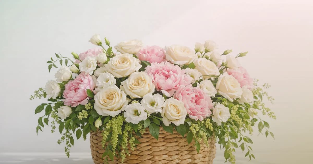 Asian American Pacific Islander Heritage Month flowers social share image with cymbidium orchids, peonies, and blossoming branches, jade green, soft blush, and warm gold tones, and premium Lina Flowers styling