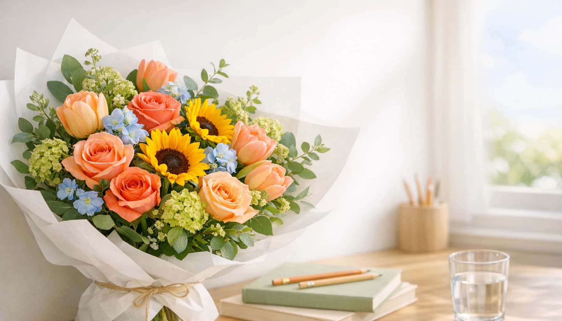 Back to School flowers collection banner with roses, sunflowers, and tulips and optimistic, bright, fresh, and welcoming styling from Lina Flowers
