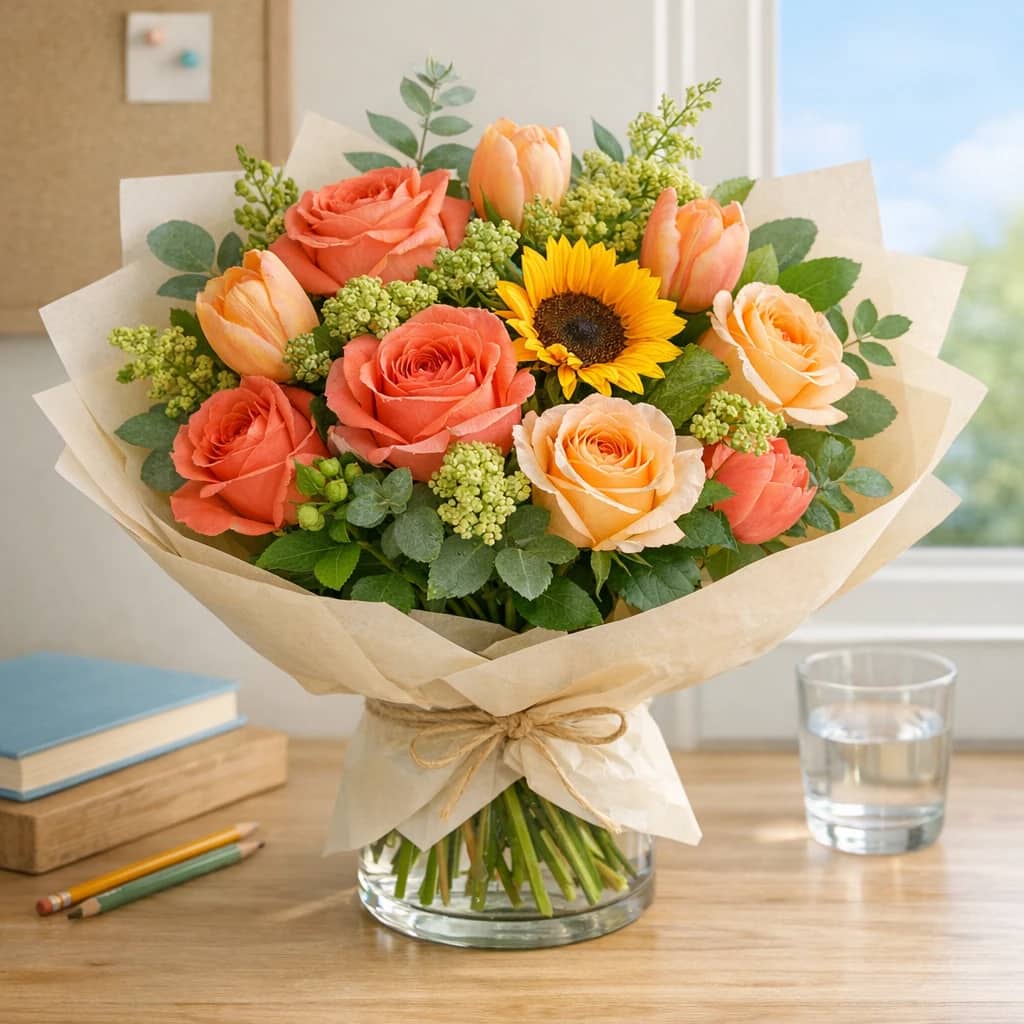 Back to School flowers preview with roses, sunflowers, and tulips in sunrise coral, apricot, and fresh leaf tones from Lina Flowers