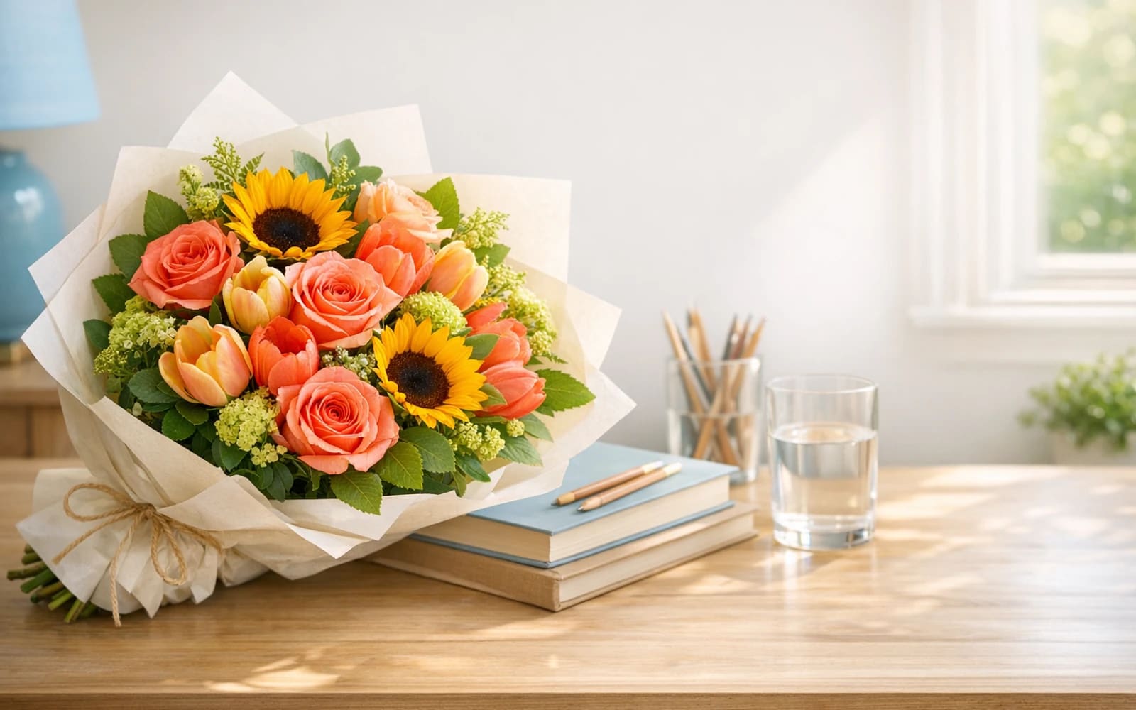 Back to School flowers with roses, sunflowers, and tulips, sunrise coral, apricot, and fresh leaf color direction, and premium optimistic, bright, fresh, and welcoming styling from Lina Flowers