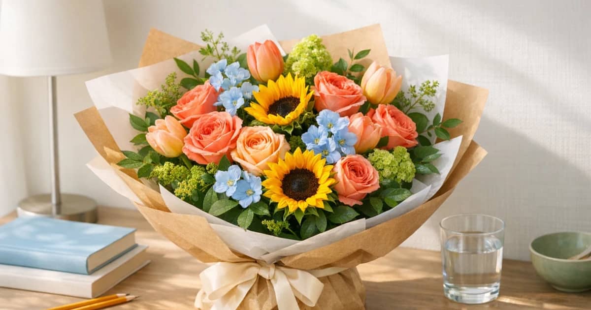 Back to School flowers social share image with roses, sunflowers, and tulips, sunrise coral, apricot, and fresh leaf tones, and premium Lina Flowers styling