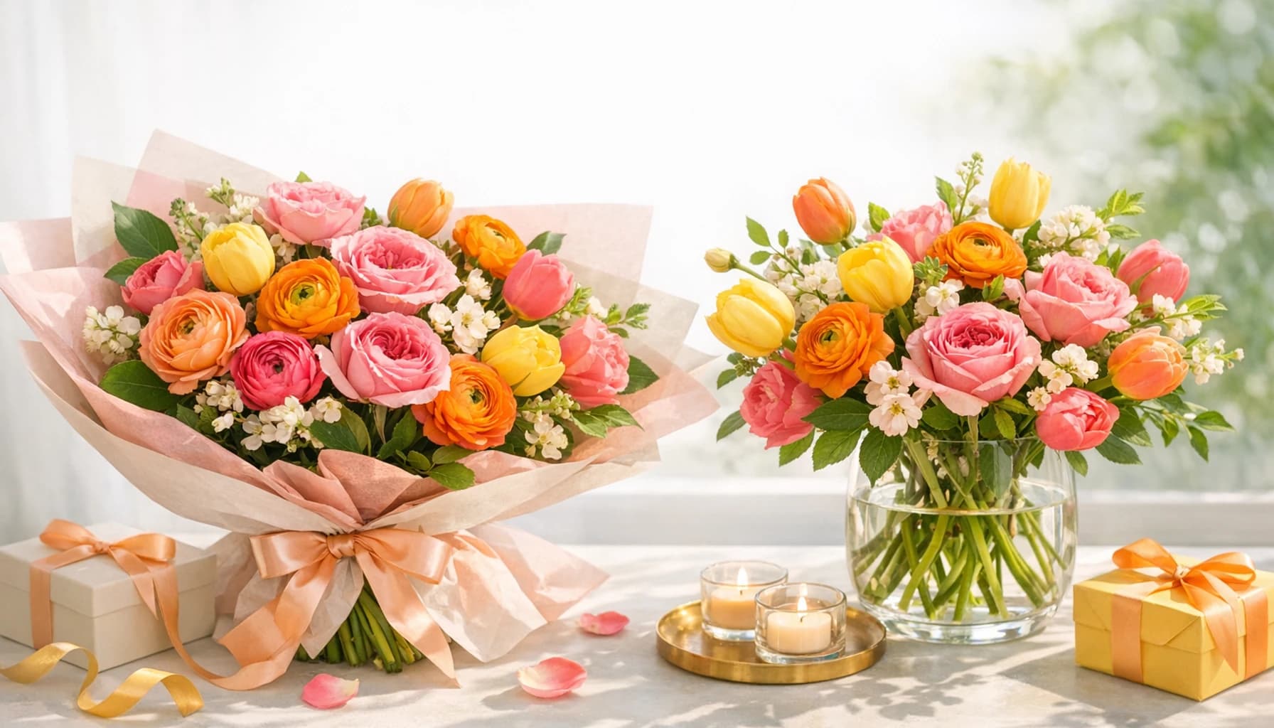 Birthday Flowers collection banner with garden roses, tulips, and ranunculus and joyful, bright, gift-ready, and versatile styling from Lina Flowers
