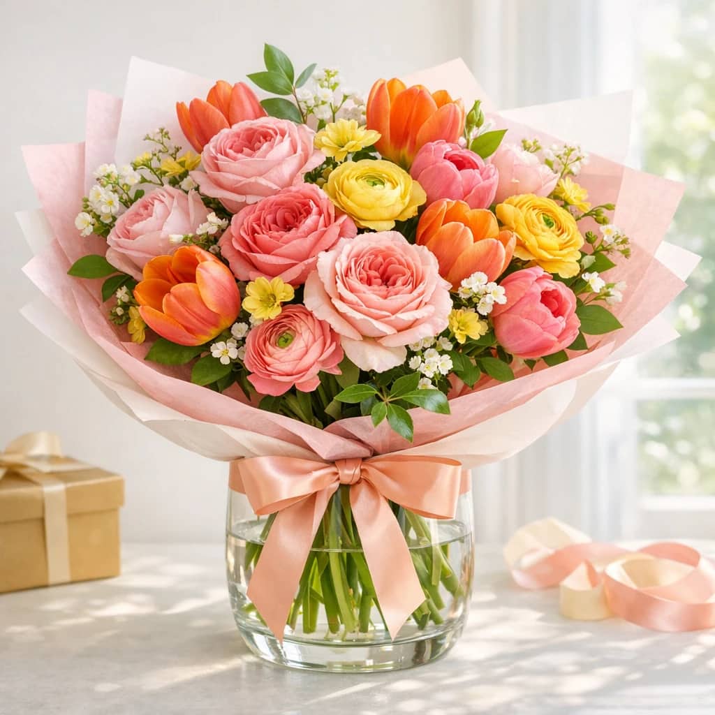 Birthday Flowers preview with garden roses, tulips, and ranunculus in rose pink, sunlit orange, and butter yellow tones from Lina Flowers