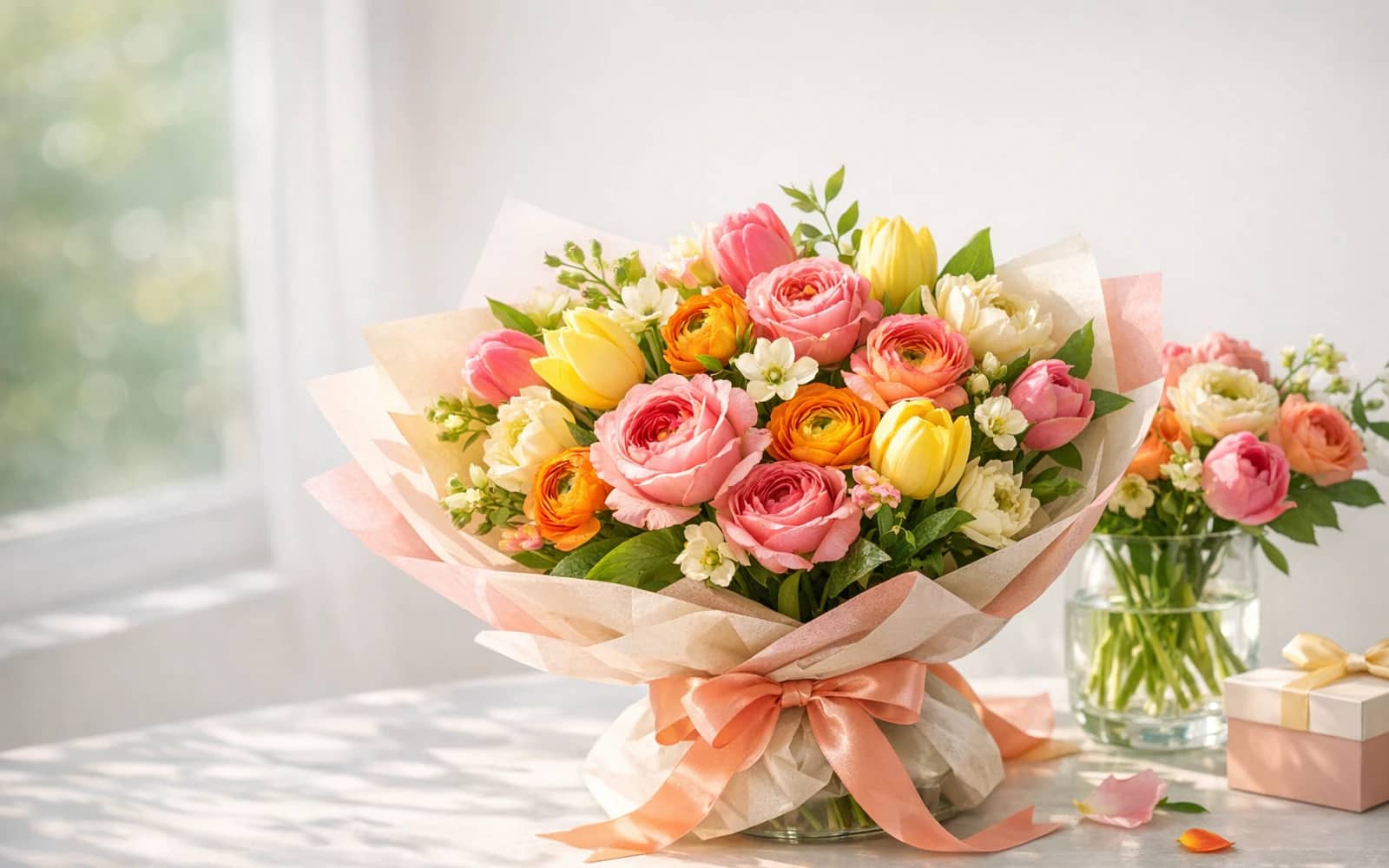 Birthday Flowers with garden roses, tulips, and ranunculus, rose pink, sunlit orange, and butter yellow color direction, and premium joyful, bright, gift-ready, and versatile styling from Lina Flowers