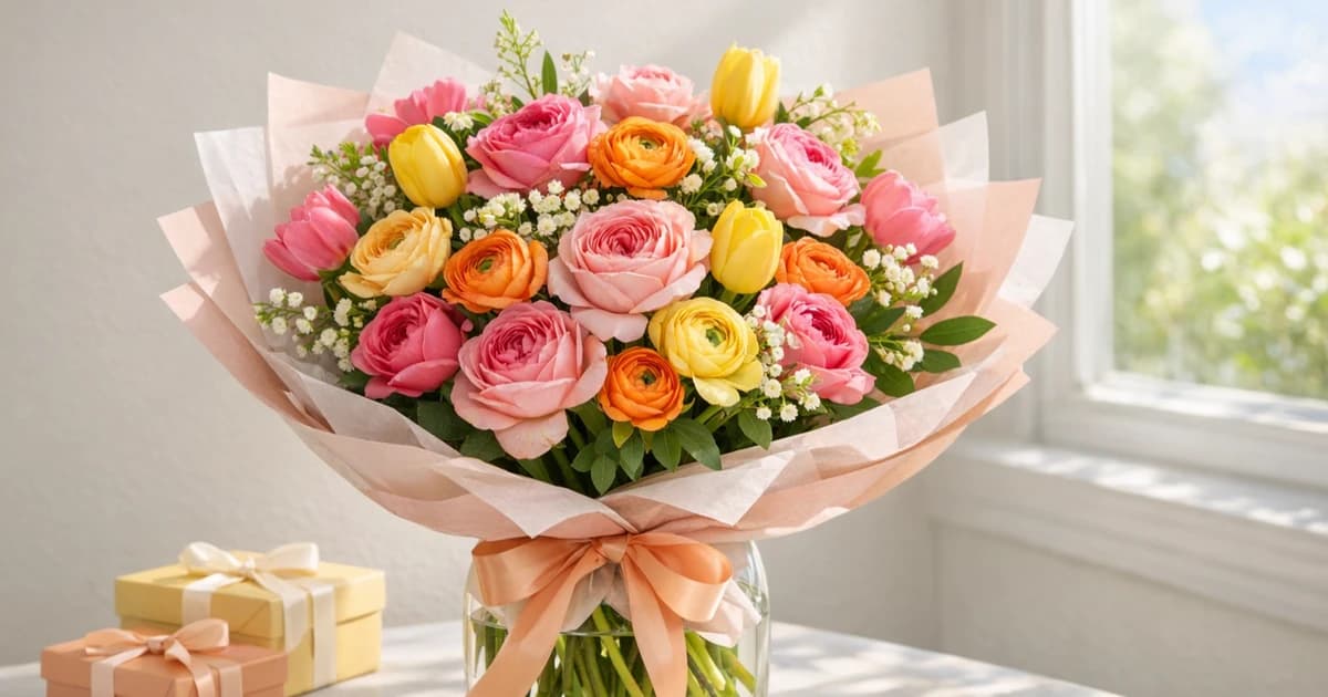 Birthday Flowers social share image with garden roses, tulips, and ranunculus, rose pink, sunlit orange, and butter yellow tones, and premium Lina Flowers styling