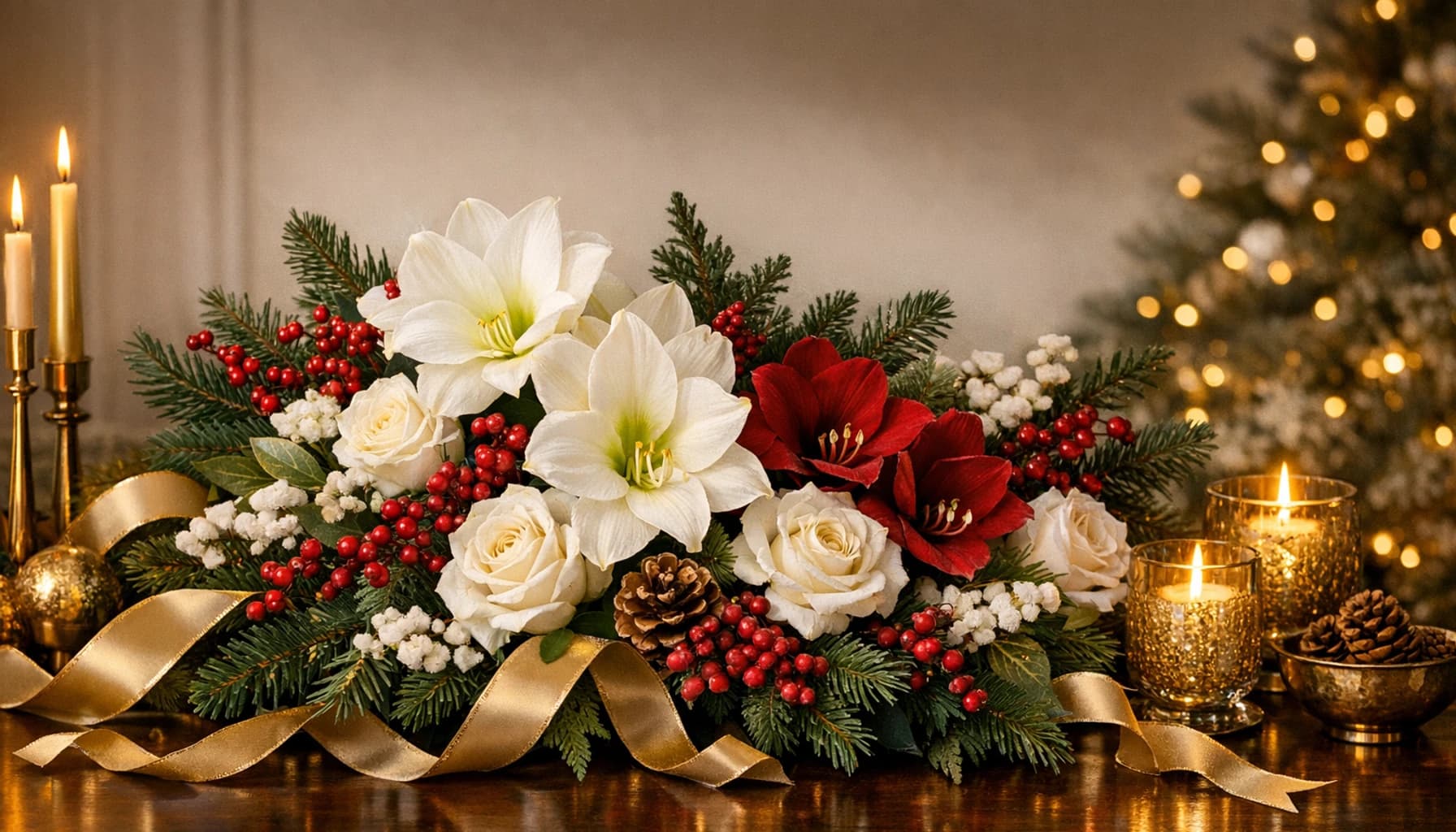 Black Friday and Holiday Decor Season flowers collection banner with evergreens, white roses, and winter berries and festive, crisp, design-led, and winter-glowing styling from Lina Flowers