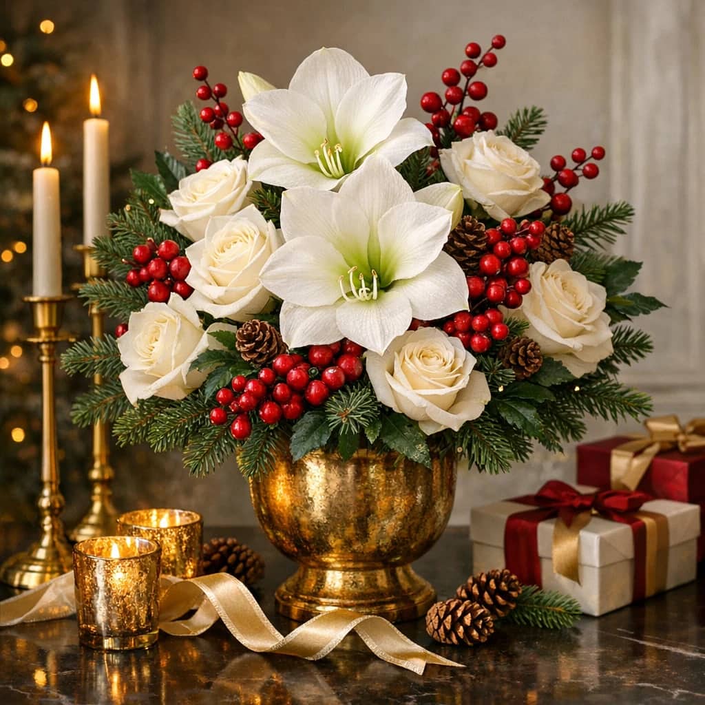 Black Friday and Holiday Decor Season flowers preview with evergreens, white roses, and winter berries in evergreen, winter white, and berry red tones from Lina Flowers