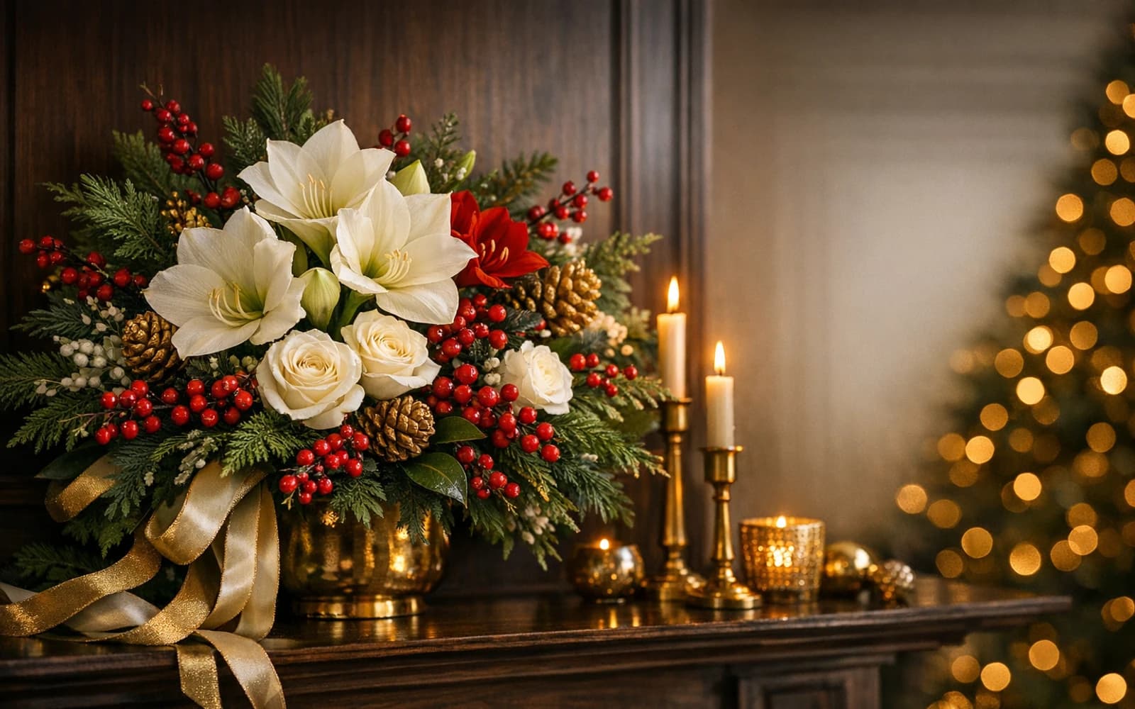 Black Friday and Holiday Decor Season flowers with evergreens, white roses, and winter berries, evergreen, winter white, and berry red color direction, and premium festive, crisp, design-led, and winter-glowing styling from Lina Flowers