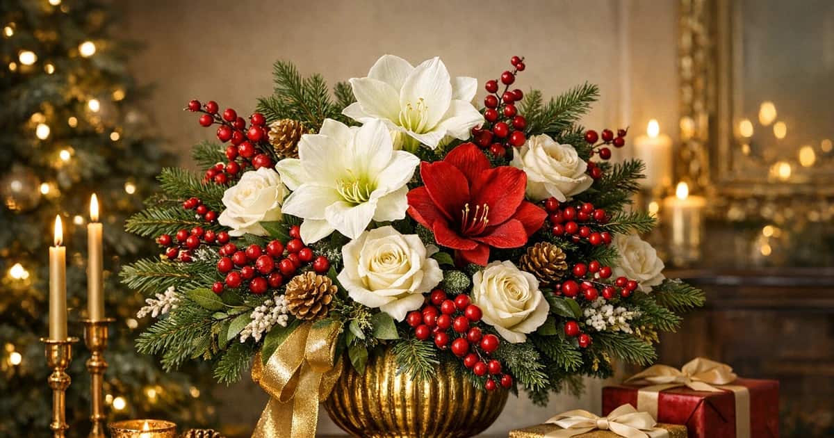 Black Friday and Holiday Decor Season flowers social share image with evergreens, white roses, and winter berries, evergreen, winter white, and berry red tones, and premium Lina Flowers styling