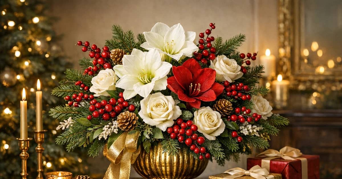 Black Friday and Holiday Decor Season flowers social share image with evergreens, white roses, and winter berries, evergreen, winter white, and berry red tones, and premium Lina Flowers styling