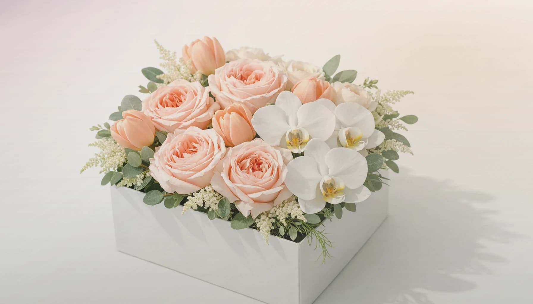 Boss's Day flowers collection banner with burgundy garden roses, warm tan ranunculus, and cream tulips and refined, sincere, professional, and quietly grateful styling from Lina Flowers