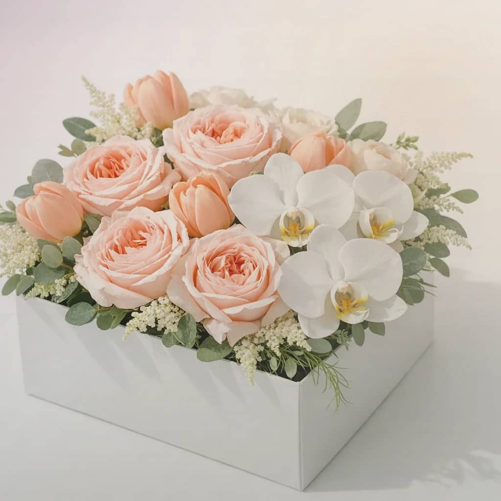 Boss's Day flowers preview with burgundy garden roses, warm tan ranunculus, and cream tulips in burgundy, warm tan, and soft cream tones from Lina Flowers