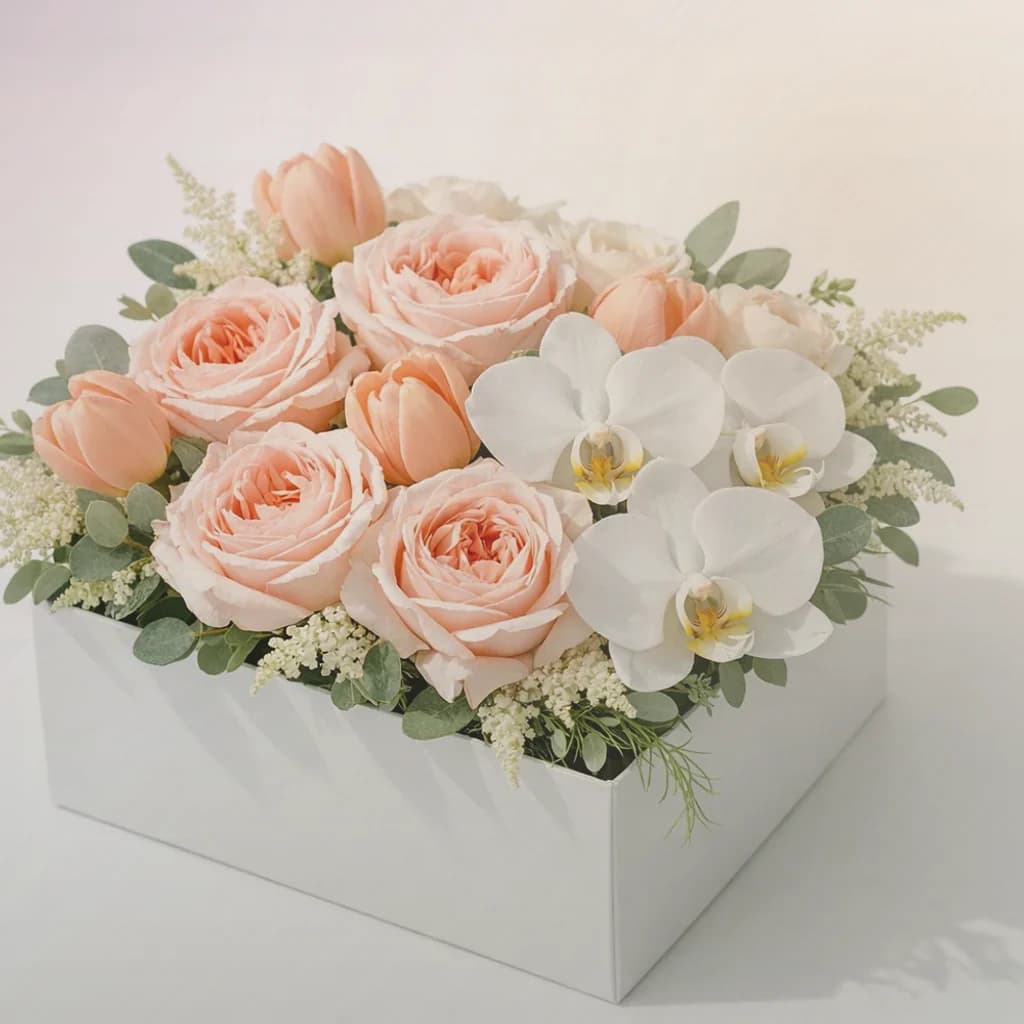 Boss's Day flowers preview with burgundy garden roses, warm tan ranunculus, and cream tulips in burgundy, warm tan, and soft cream tones from Lina Flowers