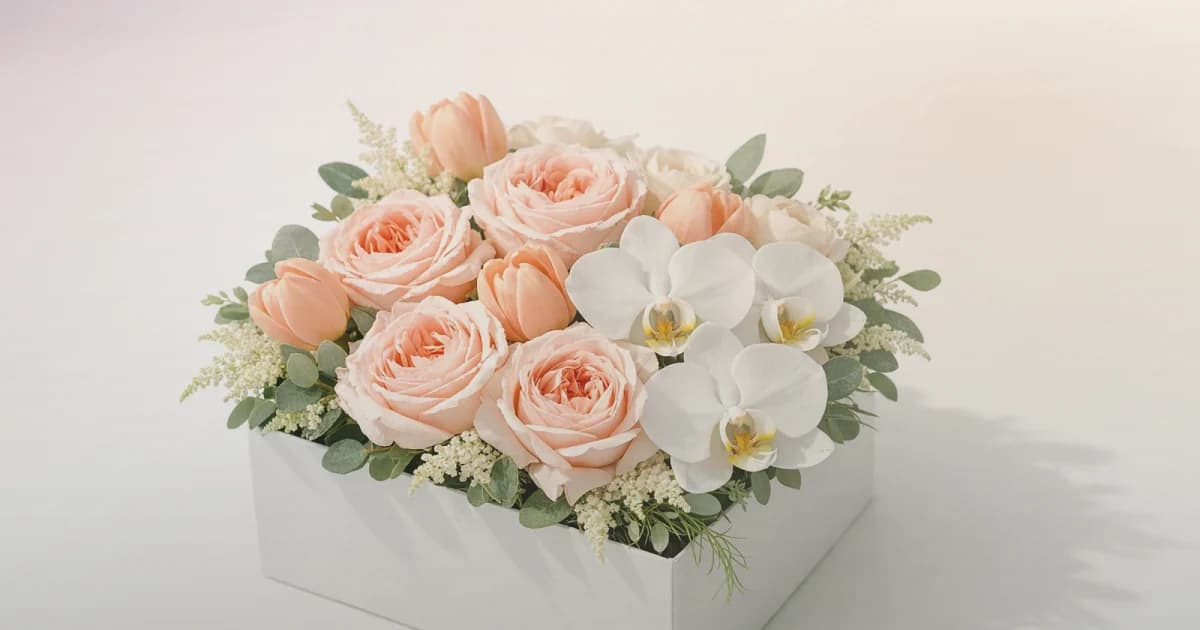 Boss's Day flowers social share image with burgundy garden roses, warm tan ranunculus, and cream tulips, burgundy, warm tan, and soft cream tones, and premium Lina Flowers styling