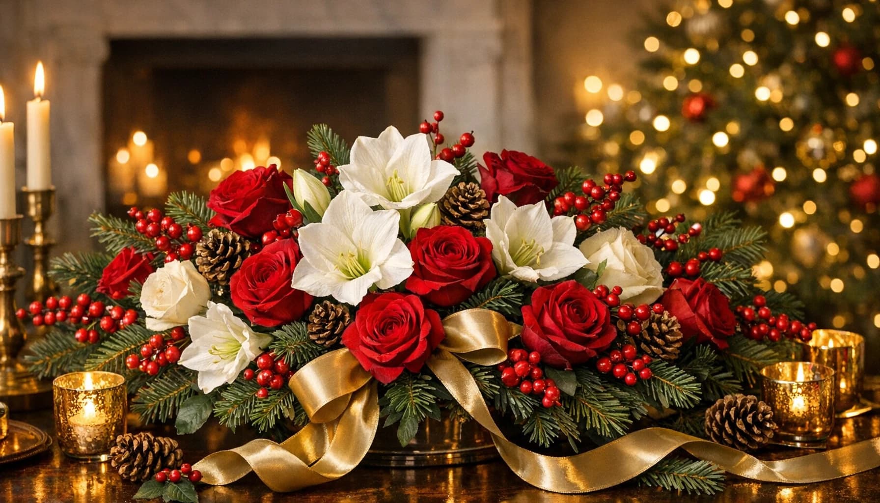 Christmas flowers collection banner with evergreens, garden roses, and amaryllis and festive, classic, layered, and winter-luxurious styling from Lina Flowers