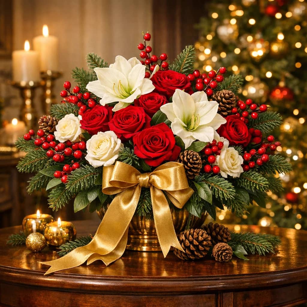 Christmas flowers preview with evergreens, garden roses, and amaryllis in evergreen, cranberry red, and snow white tones from Lina Flowers