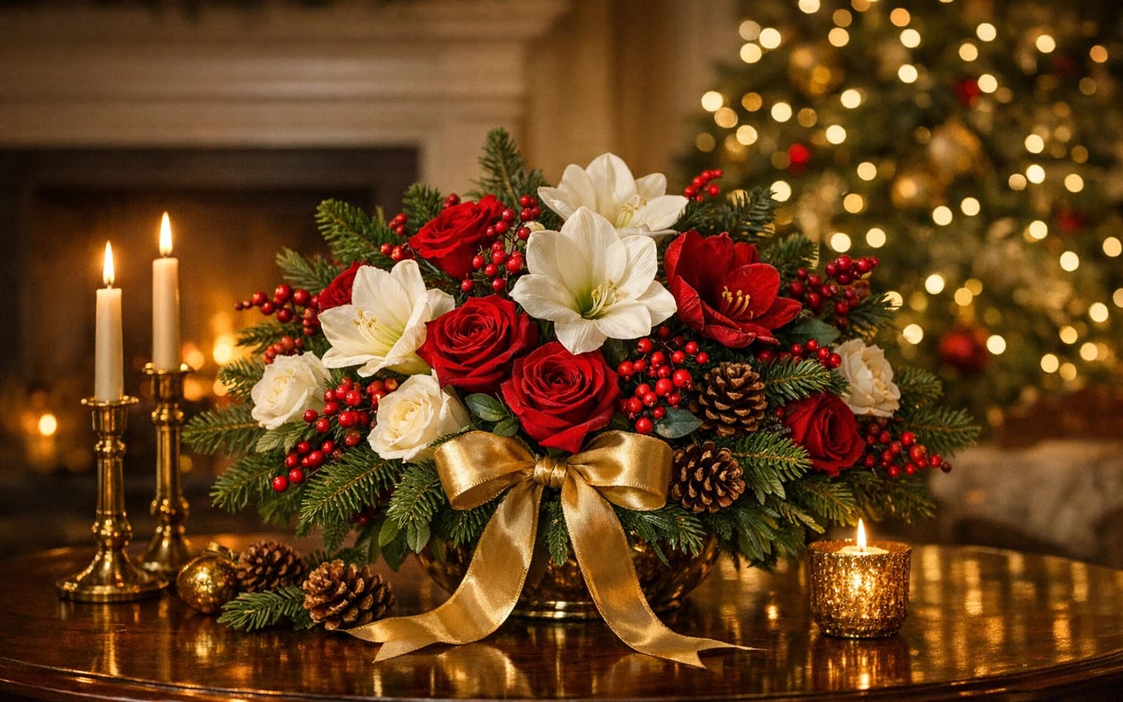Christmas flowers with evergreens, garden roses, and amaryllis, evergreen, cranberry red, and snow white color direction, and premium festive, classic, layered, and winter-luxurious styling from Lina Flowers