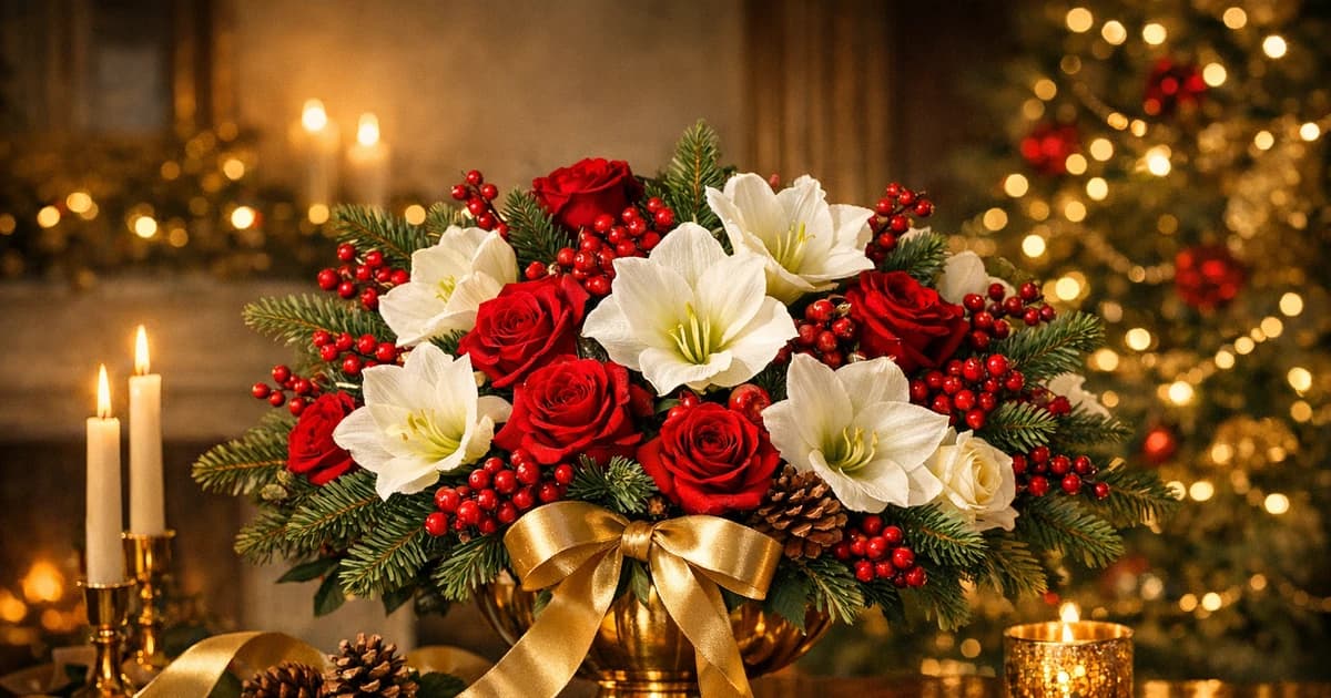 Christmas flowers social share image with evergreens, garden roses, and amaryllis, evergreen, cranberry red, and snow white tones, and premium LiNa Garden styling