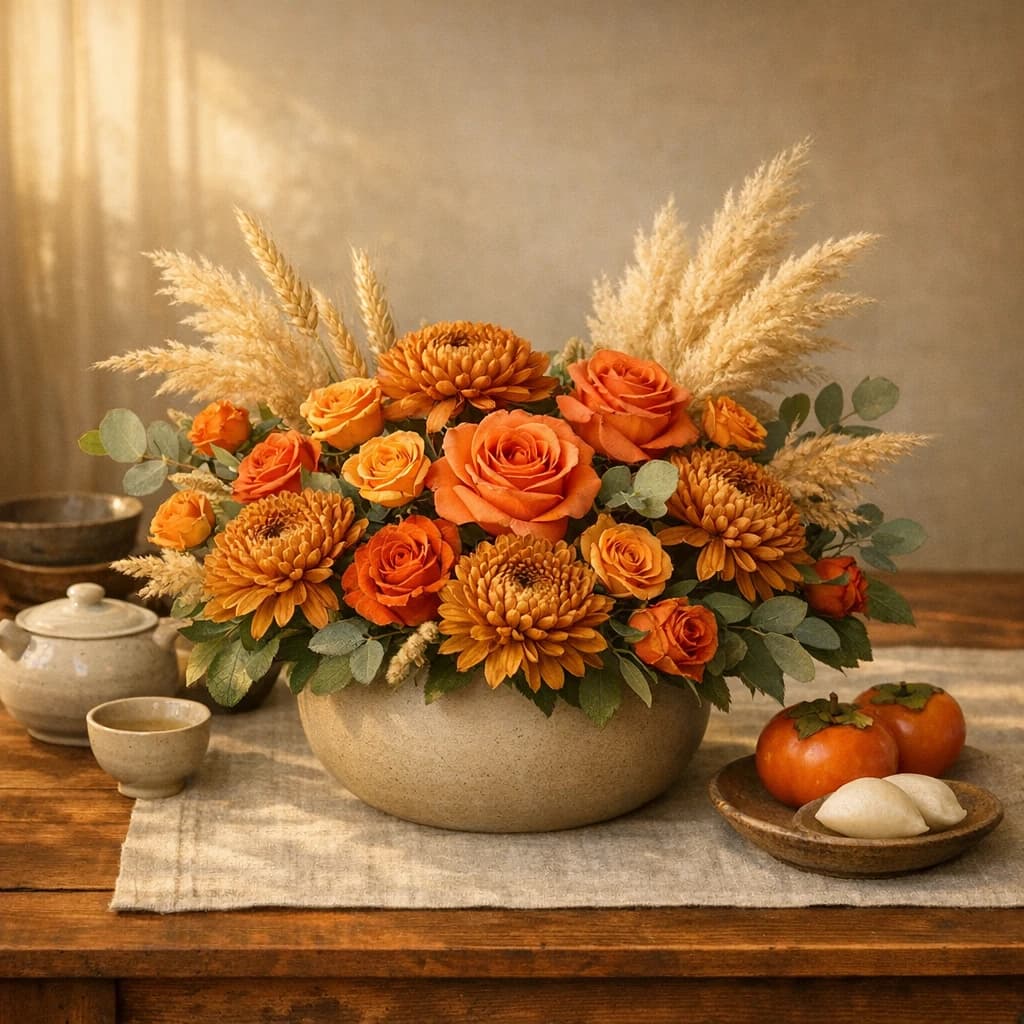 Chuseok flowers preview with bronze chrysanthemums, persimmon roses, and amber spray roses in harvest gold, persimmon, and warm wheat tones from Lina Flowers