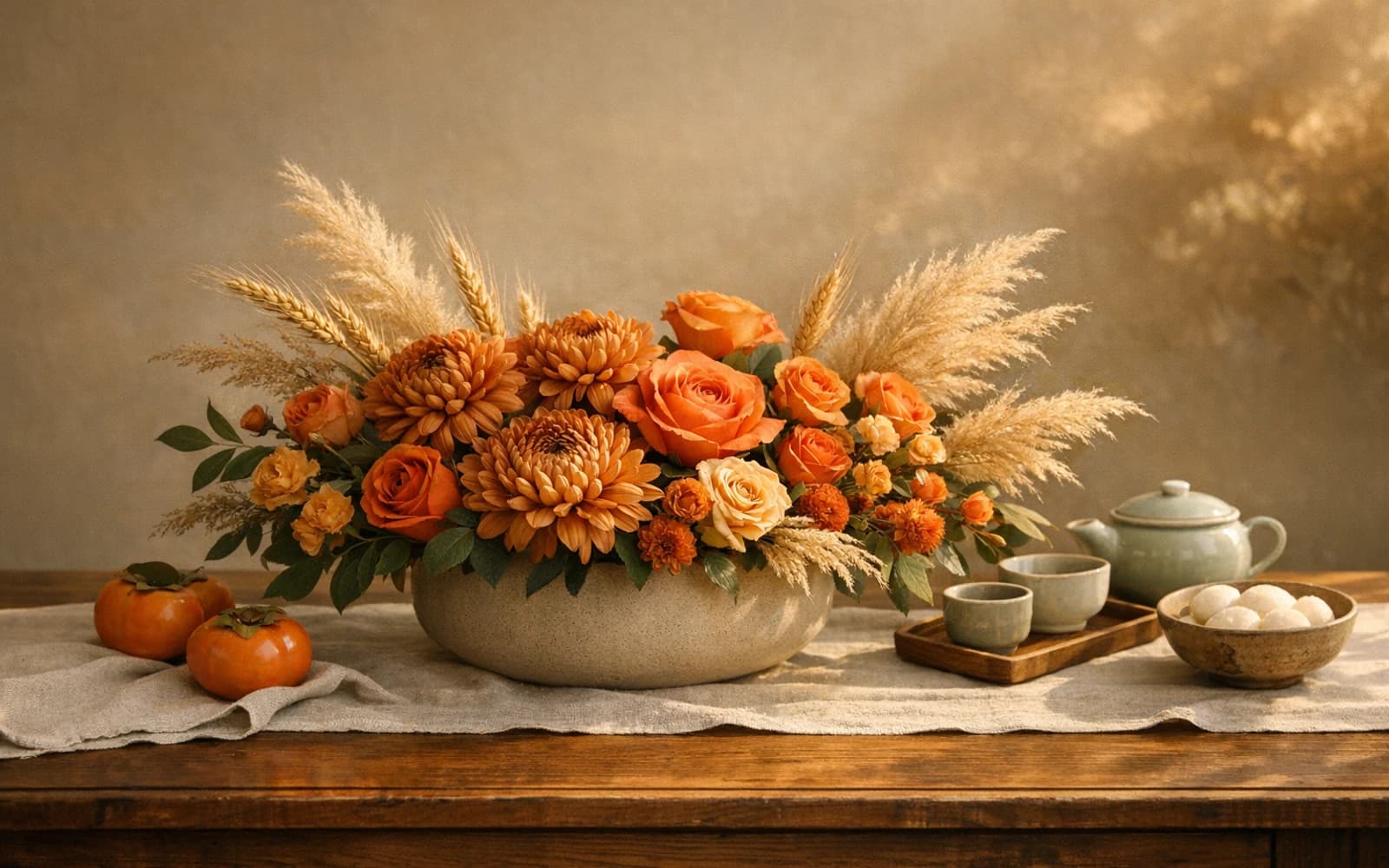 Chuseok flowers collection banner with bronze chrysanthemums, persimmon roses, and amber spray roses and warm, grateful, gracious, gathered styling from Lina Flowers
