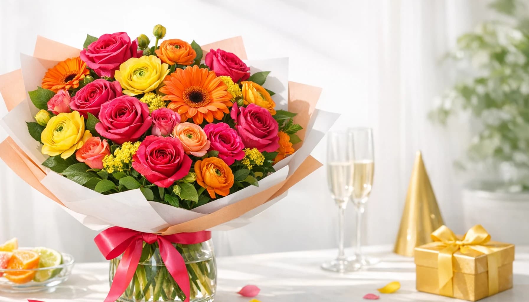 Congratulations Flowers collection banner with roses, ranunculus, and gerbera and bright, proud, energetic, and polished styling from Lina Flowers