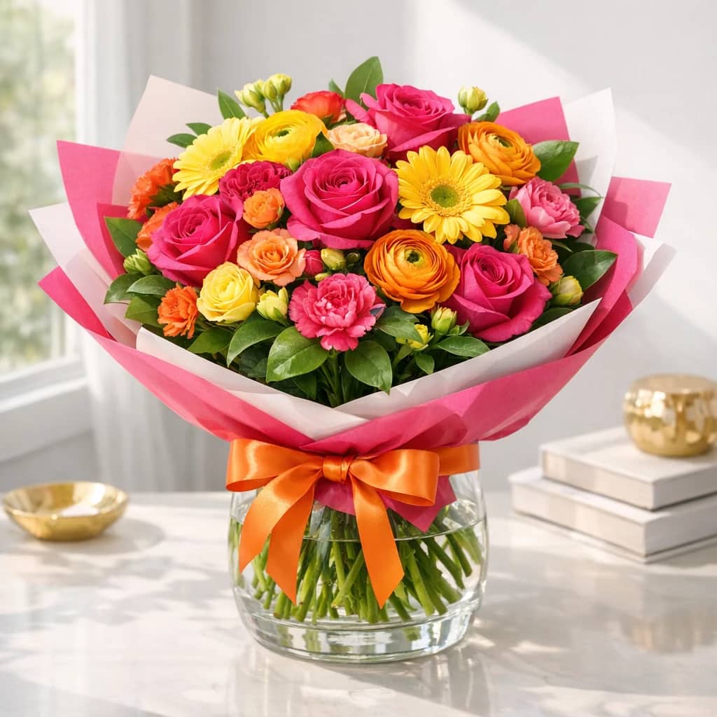 Congratulations Flowers preview with roses, ranunculus, and gerbera in hot pink, citrus orange, and fresh yellow tones from Lina Flowers