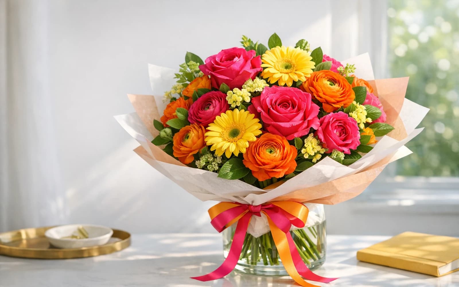 Congratulations Flowers with roses, ranunculus, and gerbera, hot pink, citrus orange, and fresh yellow color direction, and premium bright, proud, energetic, and polished styling from LiNa Garden