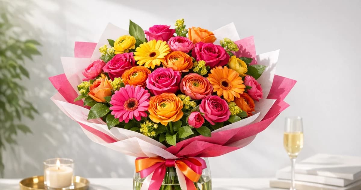 Congratulations Flowers social share image with roses, ranunculus, and gerbera, hot pink, citrus orange, and fresh yellow tones, and premium Lina Flowers styling