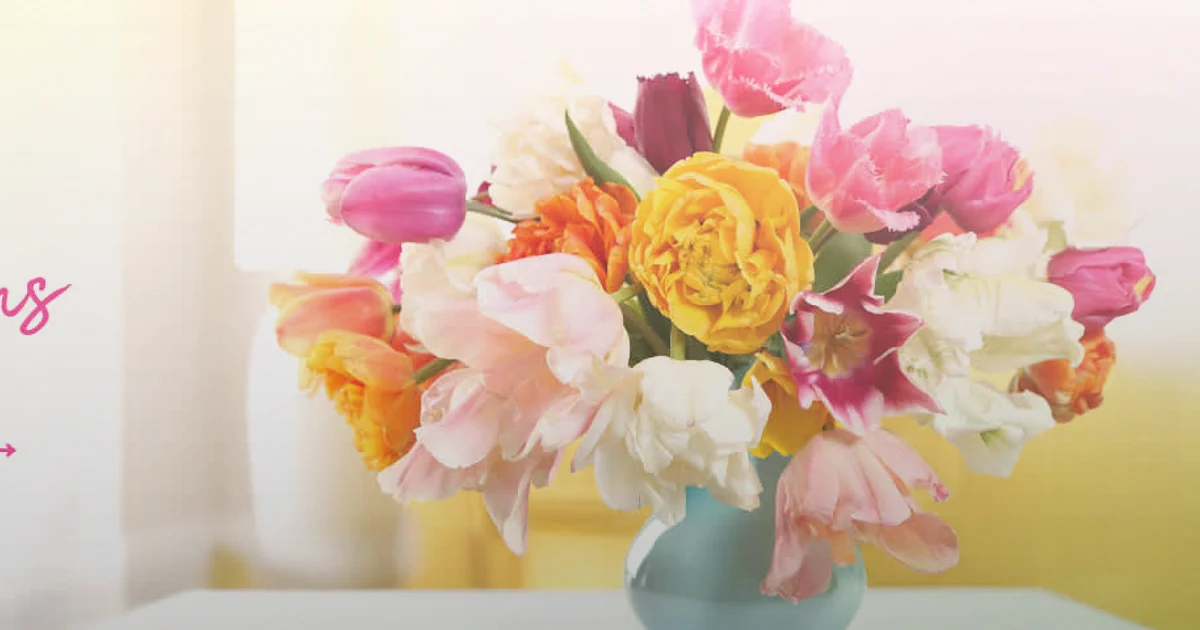 Daylight Saving Spring Forward flowers social share image with tulips, ranunculus, and spray roses, soft lemon, pale pink, and fresh green tones, and premium Lina Flowers styling